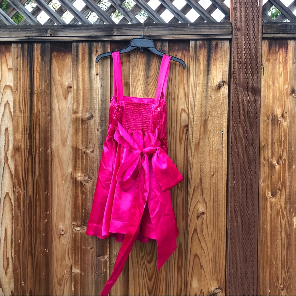 Anthropologie Maeve Fuchsia Bow-Tie Satin Pleated Smocked Back Mini Dress size 4 - Picture 4 of 10